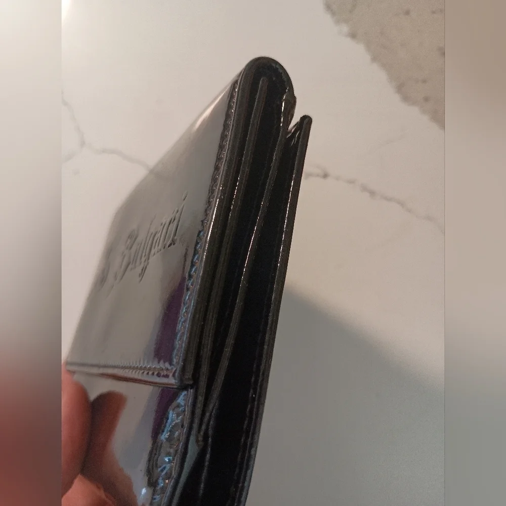 S BVLGARI Black Patent Leather Buckle Medium Wallet